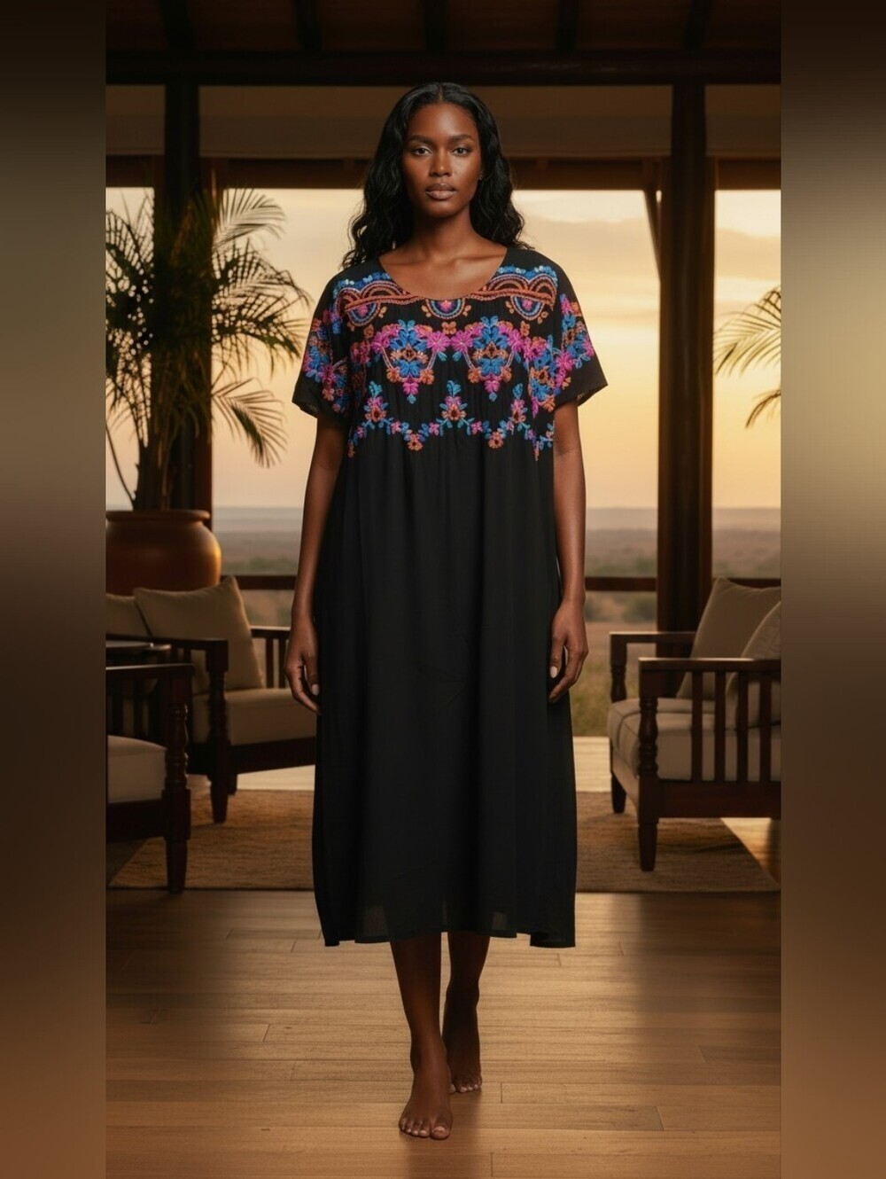 Cato Est 1946 Black Maxi Dress Colorful Folk Embroidery Short Sleeve Plus XL